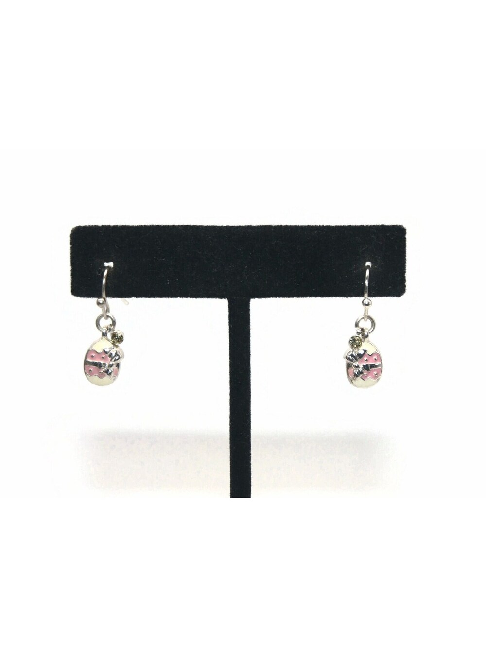 VTG Silver Tone, White Enamel & Rhinestone Teardrop Dangle Easter Egg Earrings.